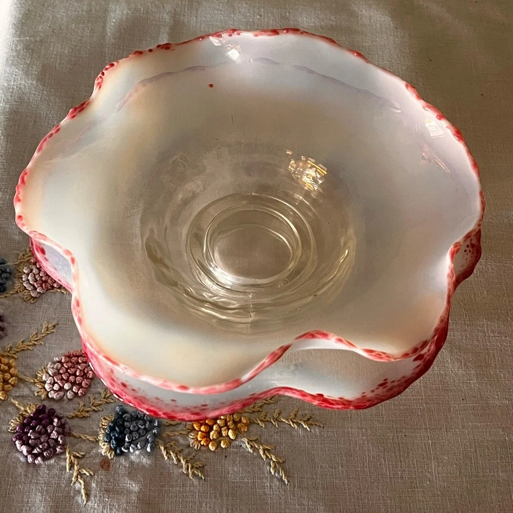 Pair Antique Cranberry Frit Moonstone Paneled Bowl Jefferson Glass Fancy Fantail